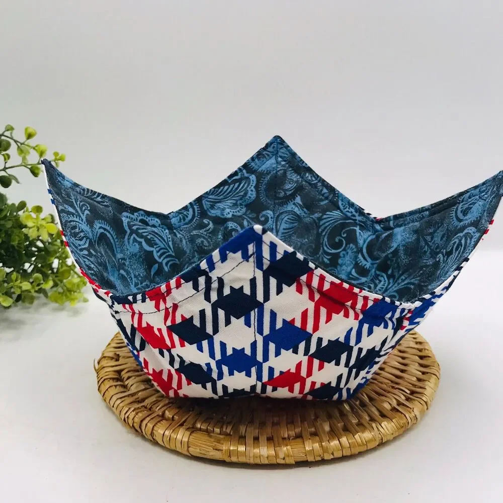 Microwave Soup Bowl Cozy Holder, Reversible, Red, White, Blue, Patriotic July 4